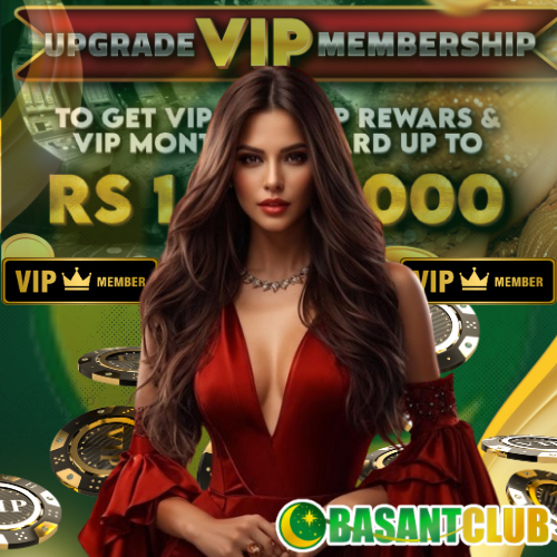 A promotional banner for Basant Club vip featuring a woman in a red dress, promoting VIP membership rewards. The text highlights benefits like VIP monthly rewards of up to Rs 10,00,000. The Basant Club logo is displayed at the bottom.