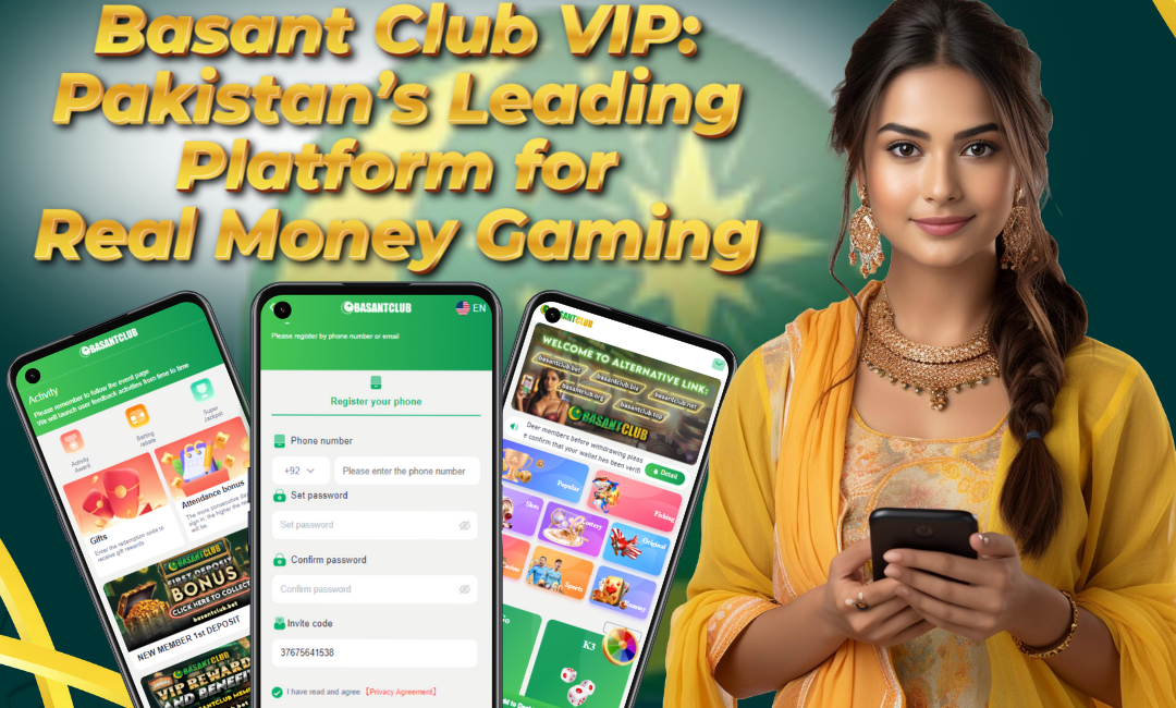 A promotional graphic for Basant Club VIP, showcasing a young woman in traditional Pakistani attire holding a smartphone. The text highlights "Pakistan's Leading Platform for Real Money Gaming," with images of the Basant Club app interface displayed on three smartphones.