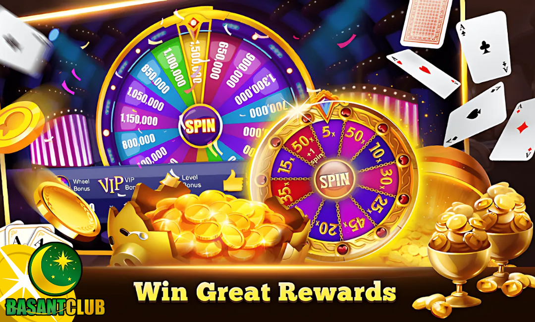 A vibrant promotional image showcasing a spinning wheel with colorful rewards, a stack of golden coins, and playing cards. The Basant Club logo is visible, with the text "Win Great Rewards," highlighting the exciting prizes in Teen Patti Spin.