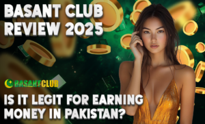 A vibrant promotional image for "Basant Club Review 2025" featuring a young woman in a gold dress, surrounded by golden coins and a green background. The text reads: "Basant Club Review 2025: Is it Legit for Earning Money in Pakistan?" with the Basant Club logo displayed prominently.