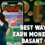 A promotional banner featuring the text "Best Ways to Earn Money on Basant Club" in bold white letters. The image includes a smiling woman with long dark hair wearing a teal dress, gesturing toward a smartphone screen displaying the Basant Club app interface. The background features a green and gold theme with floating coins and the Basant Club logo in the top right corner.