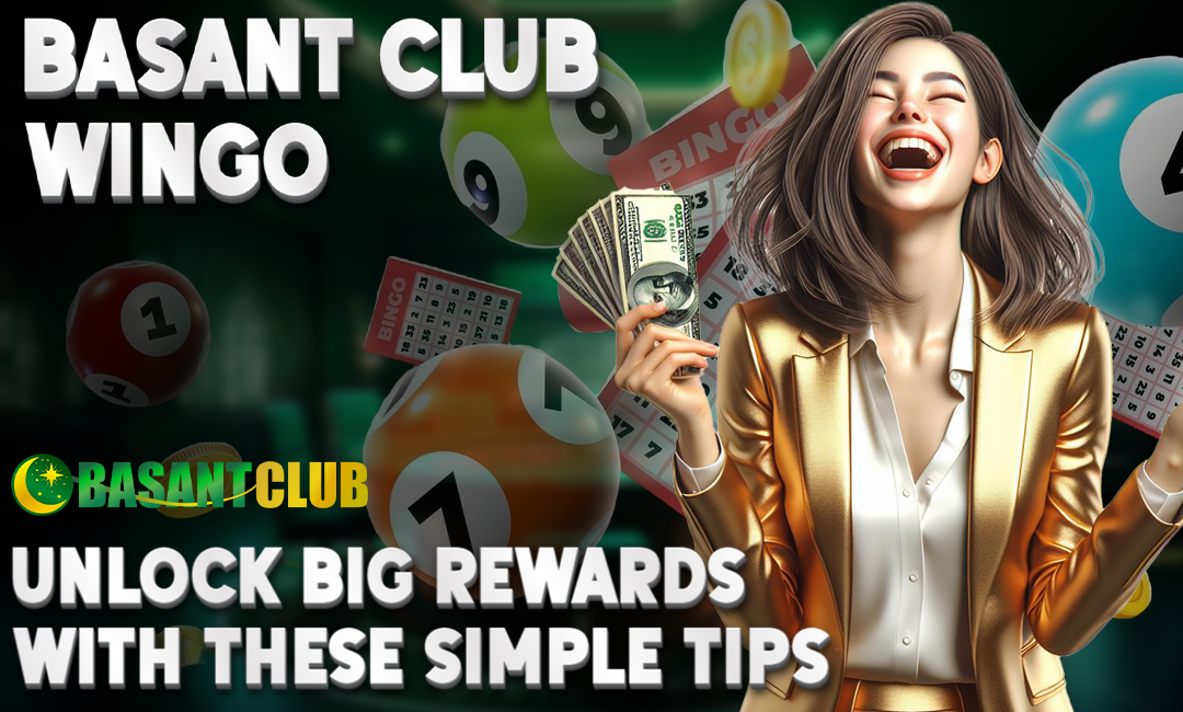 A vibrant graphic featuring a joyful woman in a golden blazer holding cash and bingo cards. Surrounding her are colorful lottery balls, with text that reads, "BASANT CLUB WINGO: UNLOCK BIG REWARDS WITH THESE SIMPLE TIPS," alongside the Basant Club logo.