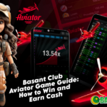 A promotional banner for the Basant Club Aviator Game Guide, featuring a cartoon-style female aviator in a pilot outfit, along with visuals of the Aviator game interface on mobile and desktop screens. The background includes red airplane graphics and a sleek dark theme, with the Basant Club logo prominently displayed.