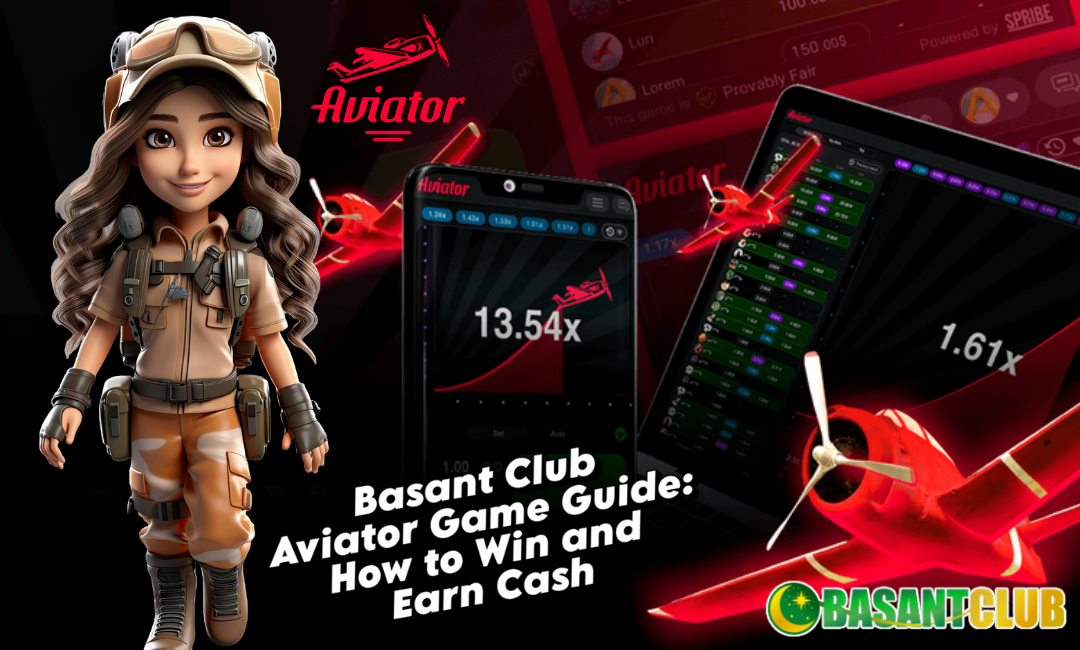 A promotional banner for the Basant Club Aviator Game Guide, featuring a cartoon-style female aviator in a pilot outfit, along with visuals of the Aviator game interface on mobile and desktop screens. The background includes red airplane graphics and a sleek dark theme, with the Basant Club logo prominently displayed.