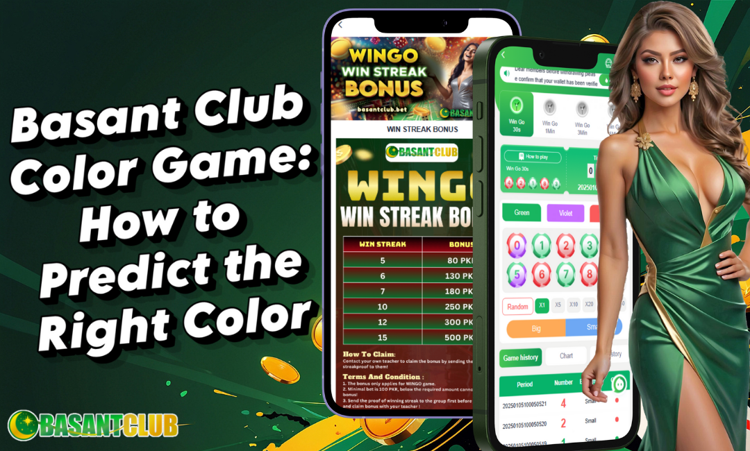 A promotional banner for the Basant Club Color Game featuring the tagline "Basant Club Color Game: How to Predict the Right Color." The image showcases a green-themed design with two mobile phone screens displaying the Basant Club app interface, including options for predicting colors, game history, and a Win Streak Bonus table. A woman in a green dress appears on the right, complementing the app's theme.