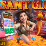 Animated adventurer woman holding a smartphone with the Basant Club App interface displayed, surrounded by gold coins, cash, and slot machines in a vibrant casino-themed setting.