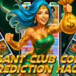 Energetic animated woman with bright blue hair in a green outfit holding a gold money bag. Behind her are two smartphones displaying the Basant Club gaming interface. Text reads “Basant Club Color Prediction Hack.”