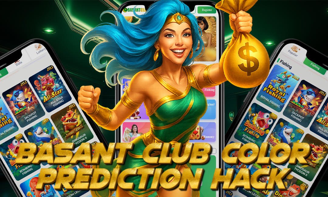 Energetic animated woman with bright blue hair in a green outfit holding a gold money bag. Behind her are two smartphones displaying the Basant Club gaming interface. Text reads “Basant Club Color Prediction Hack.”