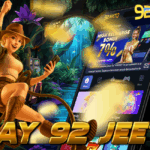 Colorful promotional image featuring a jungle explorer-style woman swinging on a vine while holding a smartphone. Behind her is a vibrant jungle scene with slot machines and a glowing mobile screen showcasing the 92 Jeeto gaming app, highlighting a 7% high recharge bonus. Bold golden text reads "PLAY 92 JEETO."