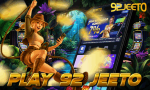 Colorful promotional image featuring a jungle explorer-style woman swinging on a vine while holding a smartphone. Behind her is a vibrant jungle scene with slot machines and a glowing mobile screen showcasing the 92 Jeeto gaming app, highlighting a 7% high recharge bonus. Bold golden text reads "PLAY 92 JEETO."