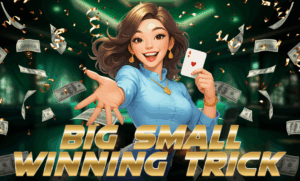 A cheerful animated woman in a blue outfit holds an Ace of Hearts card and reaches out with her hand. Dollar bills and confetti surround her in a vibrant casino-like background. Bold gold text reads "BIG SMALL WINNING TRICK."