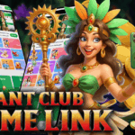 A vibrant female character in tribal attire holding a golden staff and a smartphone, standing in front of mobile screens displaying Basant Club games, with gold coins surrounding her. Text reads “Basant Club Game Link.”