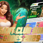 A cheerful woman in tropical attire with a flower in her hair gestures toward a smartphone screen displaying the BasantClub app and a 7% high recharge bonus. The jungle-themed background adds a vibrant and festive vibe. Bold golden text reads: "BASANT CLUB BONUS CODES 2025."