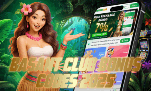 A cheerful woman in tropical attire with a flower in her hair gestures toward a smartphone screen displaying the BasantClub app and a 7% high recharge bonus. The jungle-themed background adds a vibrant and festive vibe. Bold golden text reads: "BASANT CLUB BONUS CODES 2025."