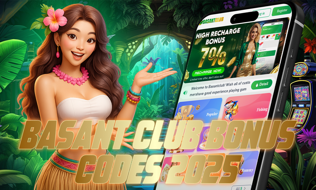 A cheerful woman in tropical attire with a flower in her hair gestures toward a smartphone screen displaying the BasantClub app and a 7% high recharge bonus. The jungle-themed background adds a vibrant and festive vibe. Bold golden text reads: "BASANT CLUB BONUS CODES 2025."