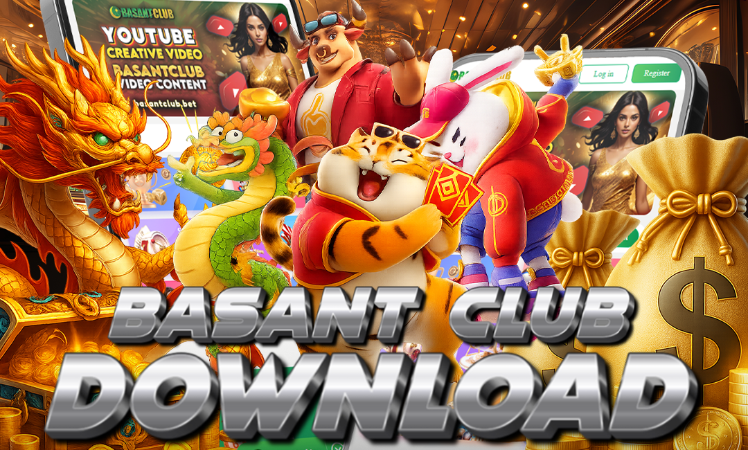 Colorful animated characters including a tiger, rabbit, and dragon celebrating with gold coins and cash bags in front of the Basant Club app interface, with bold text “Basant Club Download.”