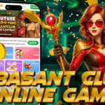 A confident red-haired animated female warrior in a red and gold outfit stands beside a mobile phone displaying the Basant Club game platform, with gold coins flying around and the bold title "5 Basant Club Online Game" at the bottom.
