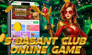 A confident red-haired animated female warrior in a red and gold outfit stands beside a mobile phone displaying the Basant Club game platform, with gold coins flying around and the bold title "5 Basant Club Online Game" at the bottom.