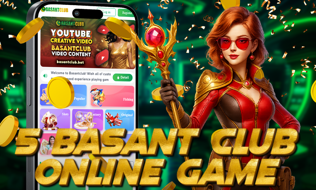 A confident red-haired animated female warrior in a red and gold outfit stands beside a mobile phone displaying the Basant Club game platform, with gold coins flying around and the bold title "5 Basant Club Online Game" at the bottom.