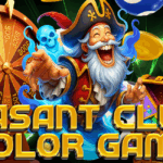 A vibrant casino-themed image promoting "Basant Club Color Game" featuring a joyful pirate character, a golden prize wheel marked with dollar amounts, colorful lottery balls, gold coins, and a treasure chest glowing with rewards.